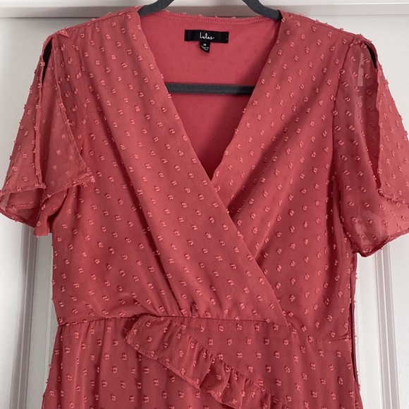 Next to You Rusty Rose Swiss Dot Ruffled Midi Dress - Picture 5 of 13